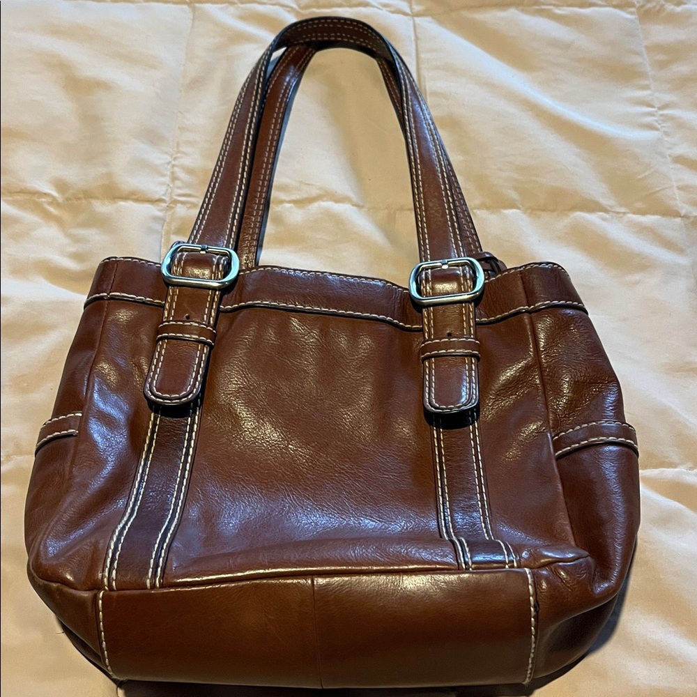 Fossil Brown Leather Shoulder Bag with Buckle Strap Detail